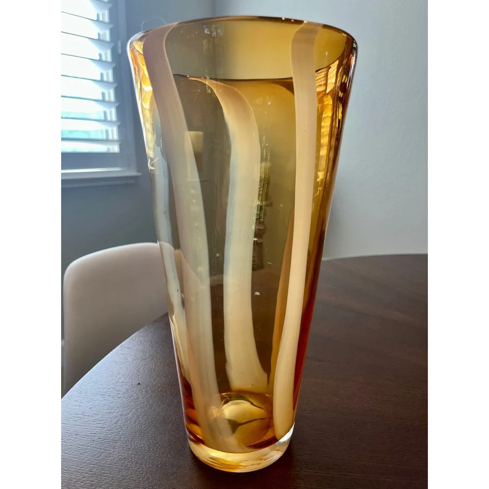 Vintage Murano Style Amber Glass Ribbon Vase Mid Century Hand Blown